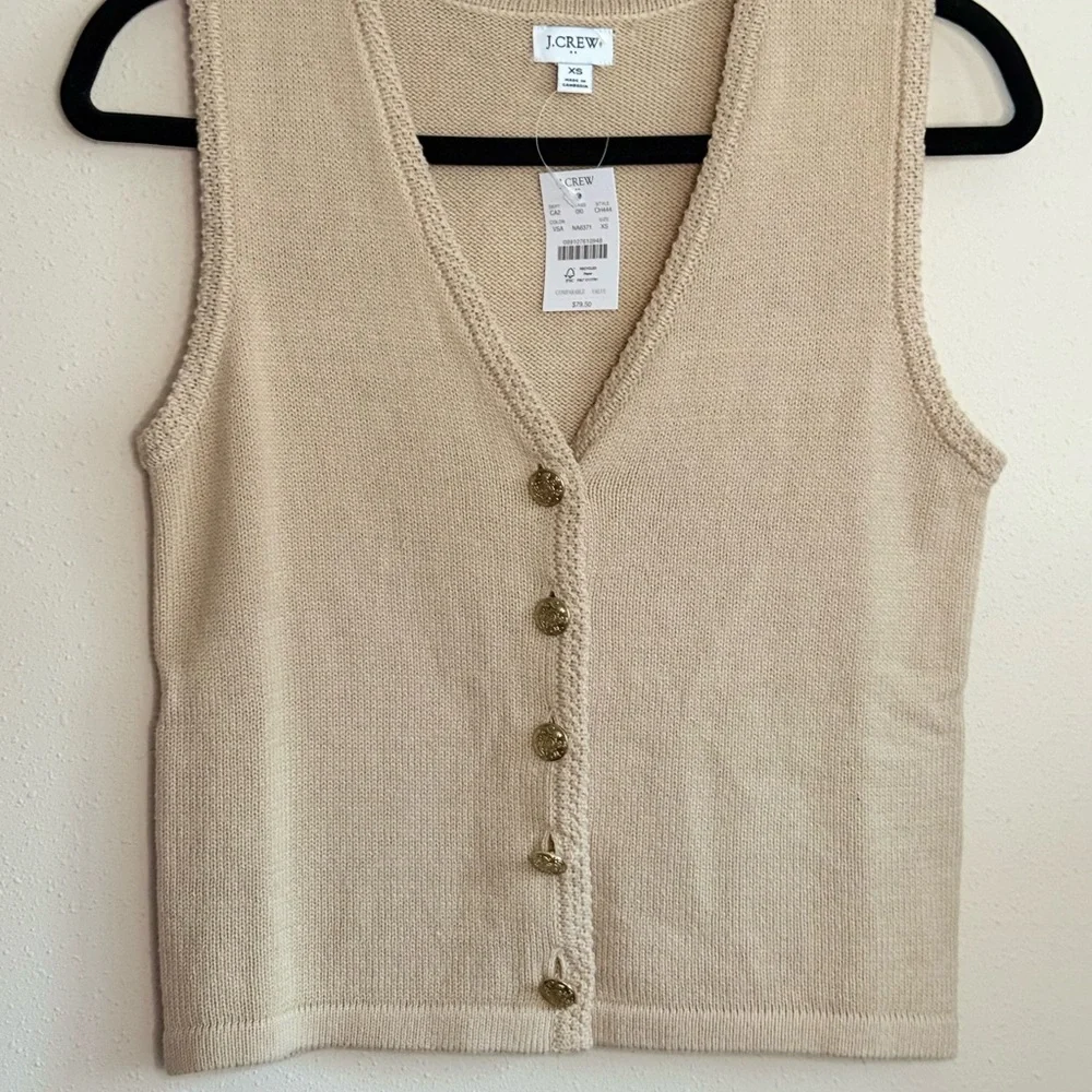 J.Crew NWT Oatmeal Sweater Vest Gold Crest Buttons V-Neck XS